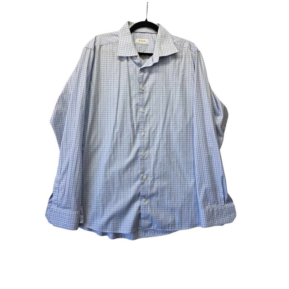 Eton‎ Slim Fit Blue White Check Dress Shirt Mens 17.75 45 Cotton Button Down